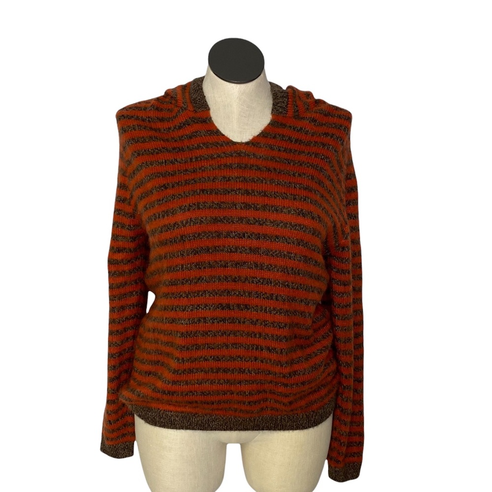100% Alpaca pull on  stripe knit sweater with hood